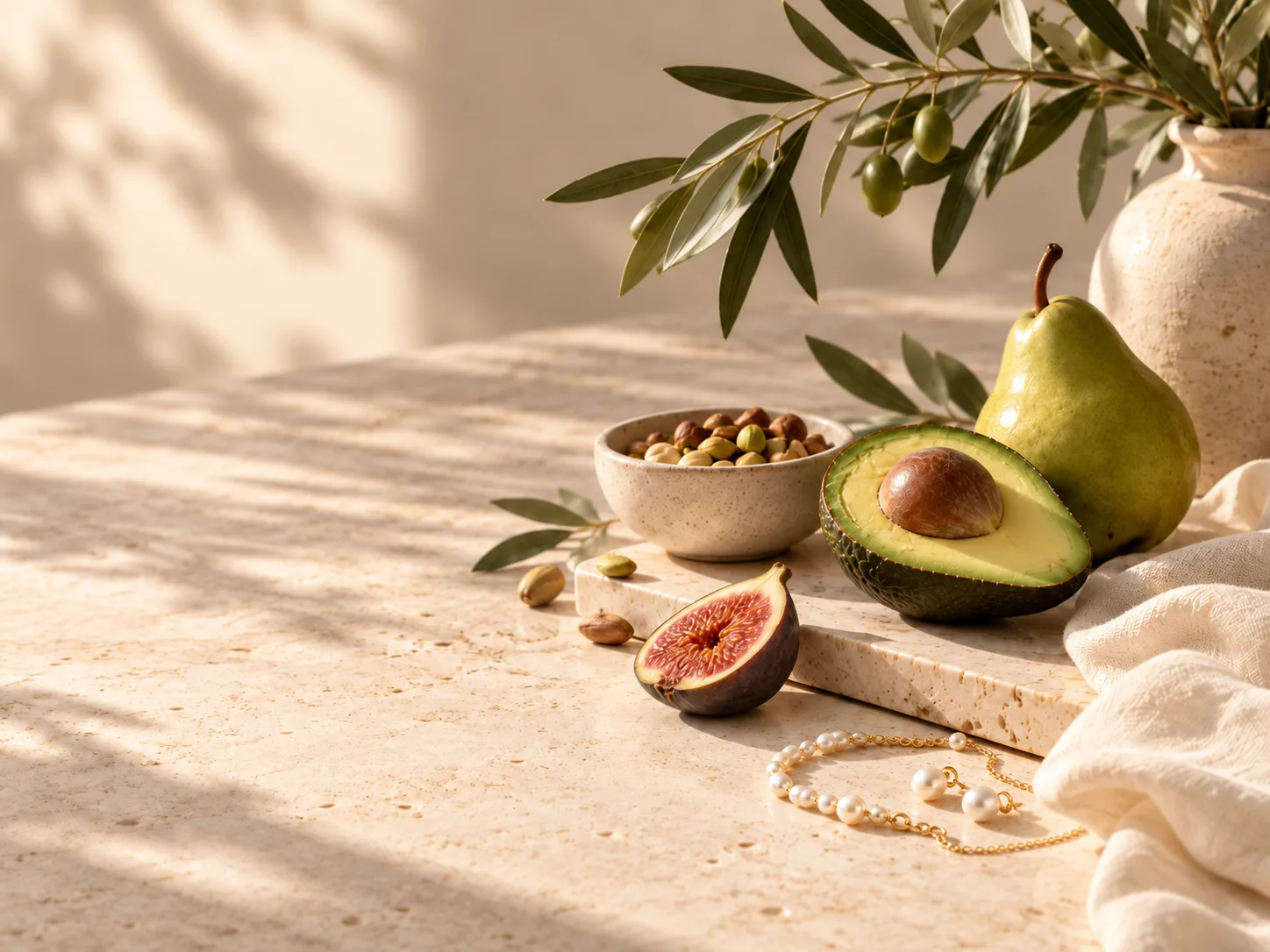 Still life with avocado, pear, fig, olive branches and pearl jewelry
