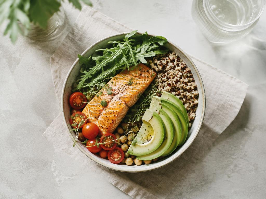 Nourishing bowl with salmon, greens, quinoa and avocado
