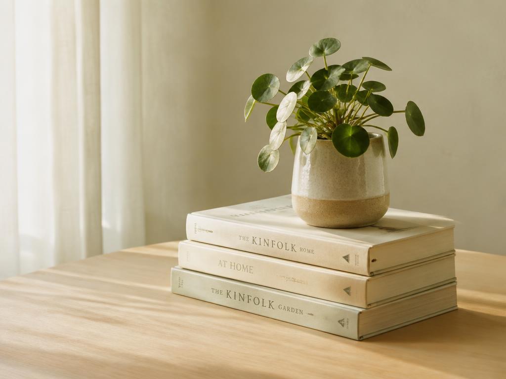 Stack of books with a small green plant